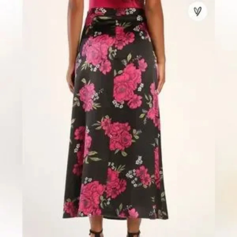 Lulu's Elegant Blossoms Black Floral Print Satin Midi Skirt Lulus - Picture 2 of 6